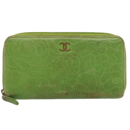 CHANEL Camelia Long Wallet Leather Green CC 52452