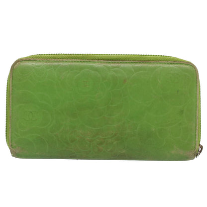 CHANEL Camelia Long Wallet Leather Green CC 52452