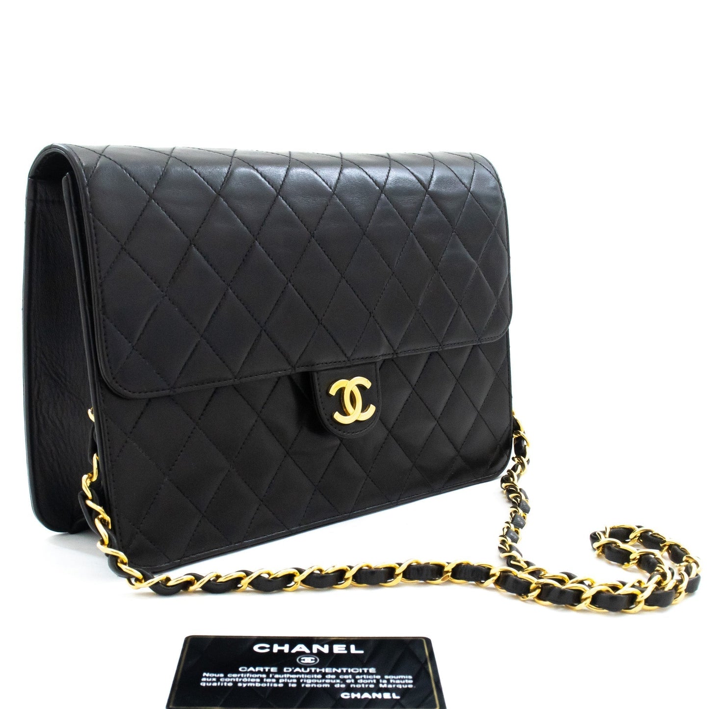 CHANEL Chain Shoulder Bag Clutch Black Quilted Flap Lambskin Purse j98