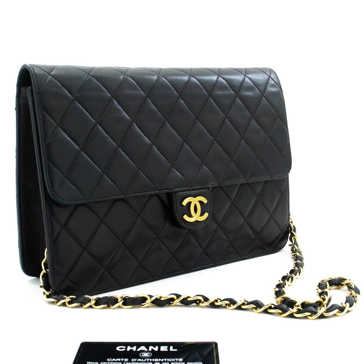 CHANEL Chain Shoulder Bag Clutch Black Quilted Flap Lambskin Purse k05