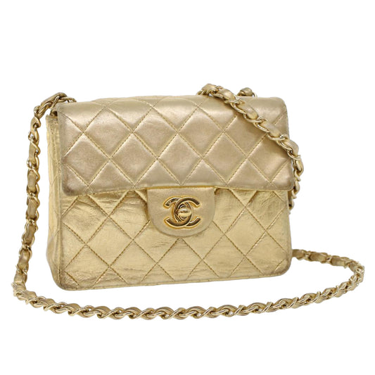 CHANEL Matelasse Turn Lock Chain Shoulder Bag Lamb Skin Gold CC 53752SA