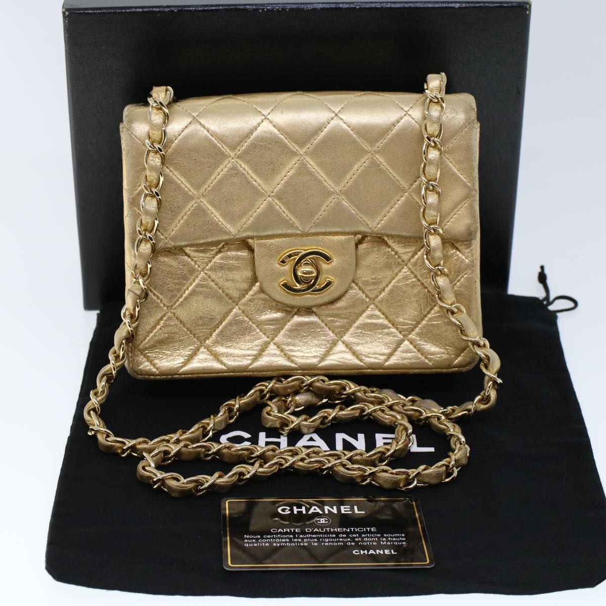 CHANEL Matelasse Turn Lock Chain Shoulder Bag Lamb Skin Gold CC 53752SA