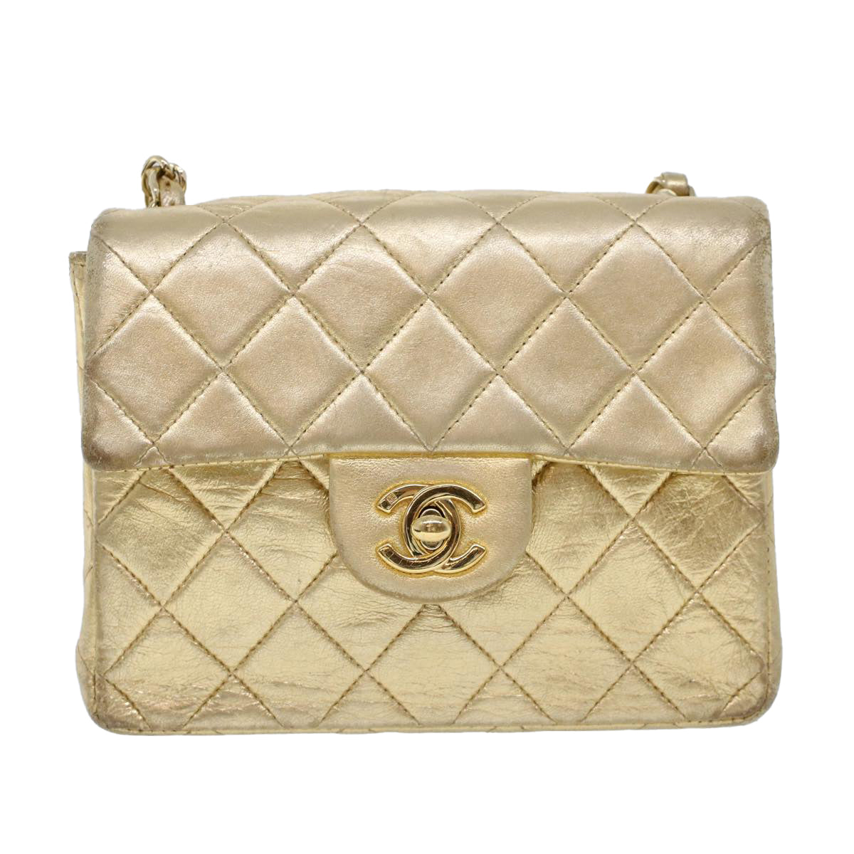 CHANEL Matelasse Turn Lock Chain Shoulder Bag Lamb Skin Gold CC 53752SA