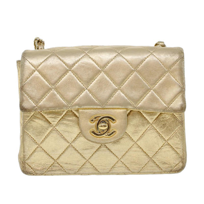 CHANEL Matelasse Turn Lock Chain Shoulder Bag Lamb Skin Gold CC 53752SA