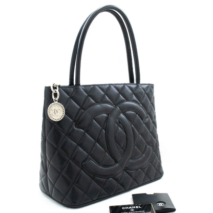 CHANEL Silver Medallion Caviar Shoulder Bag Grand Shopping Tote i75