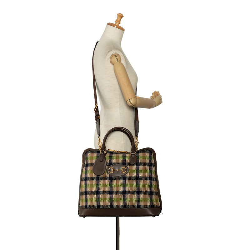 Gucci Check Horsbit Handbag Shoulder Bag 2WAY 621640 Brown Green Leather Wool  Gucci
