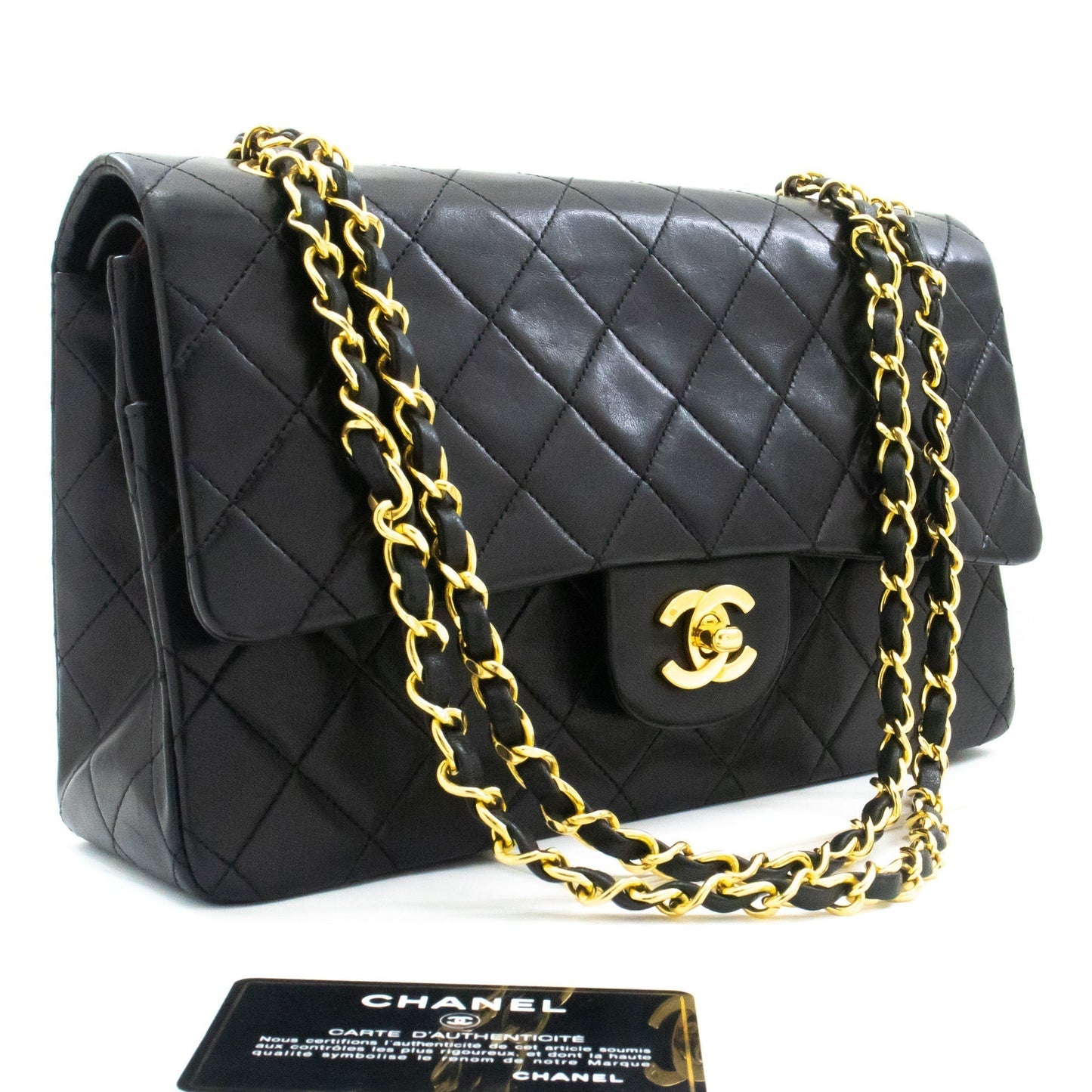 CHANEL Classic Double Flap 10" Chain Shoulder Bag Black Lambskin k46