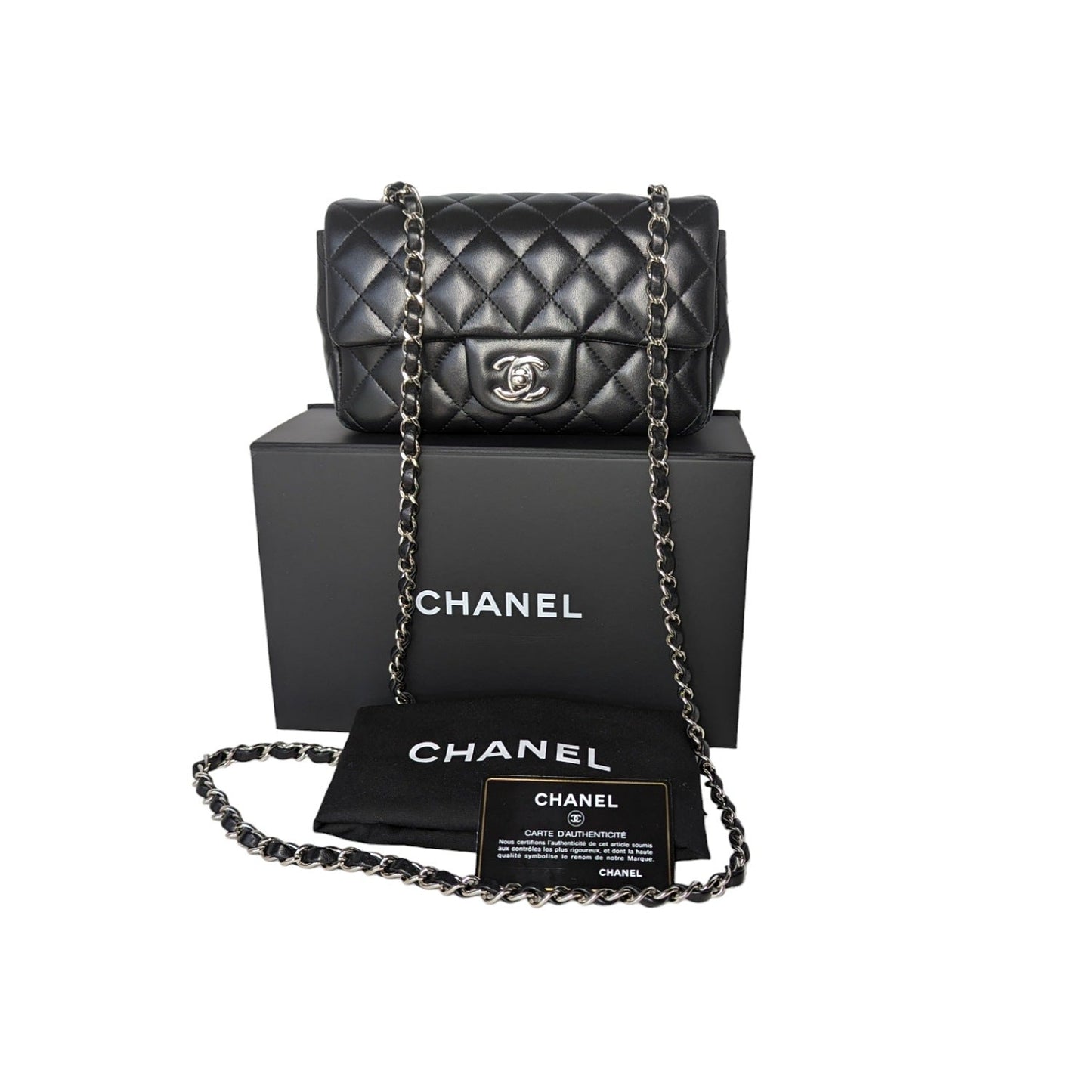 Chanel 2019 Black Lambskin Quilted Mini Rectangular Flap