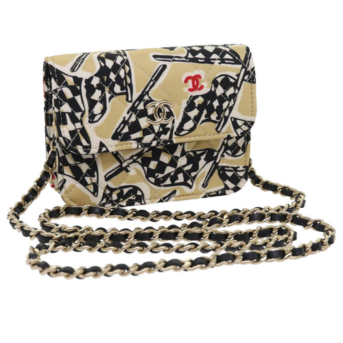 CHANEL Mini Matelasse Shoulder Bag Canvas Beige Black CC 55538A
