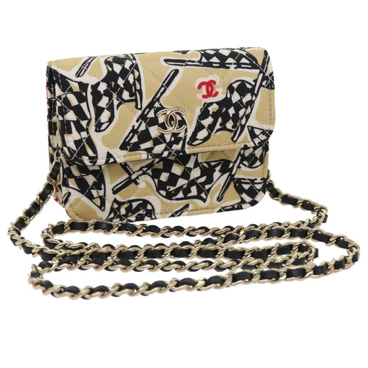 CHANEL Mini Matelasse Shoulder Bag Canvas Beige Black CC 55538A