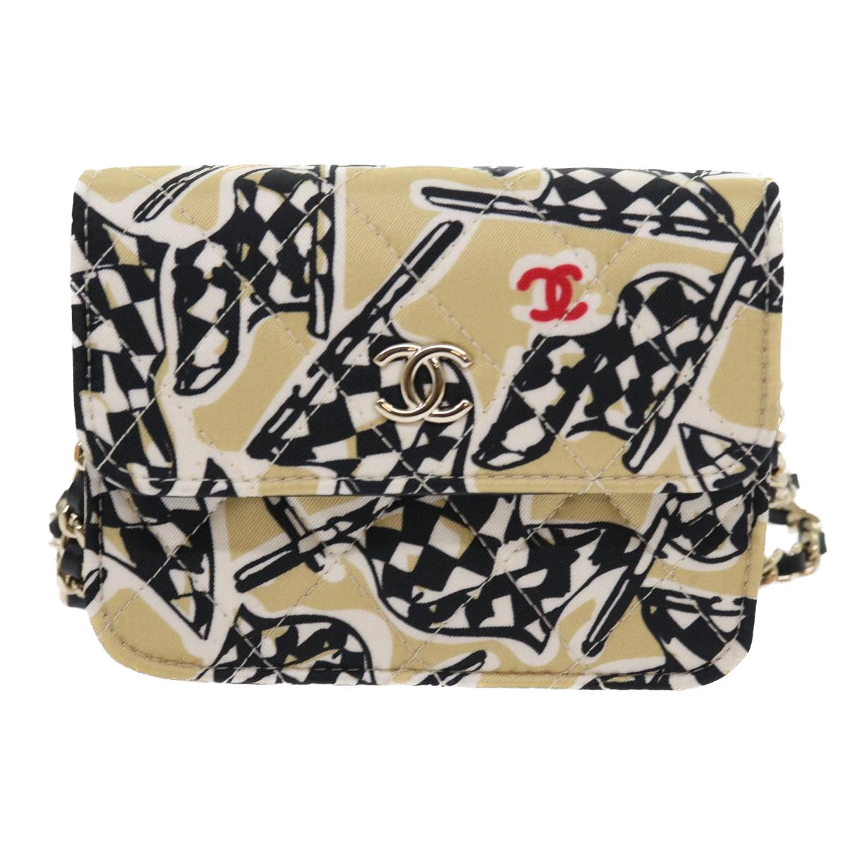 CHANEL Mini Matelasse Shoulder Bag Canvas Beige Black CC 55538A