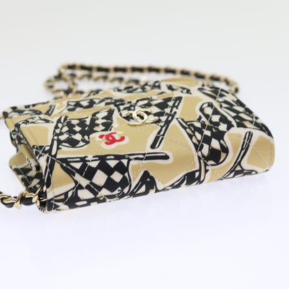 CHANEL Mini Matelasse Shoulder Bag Canvas Beige Black CC 55538A