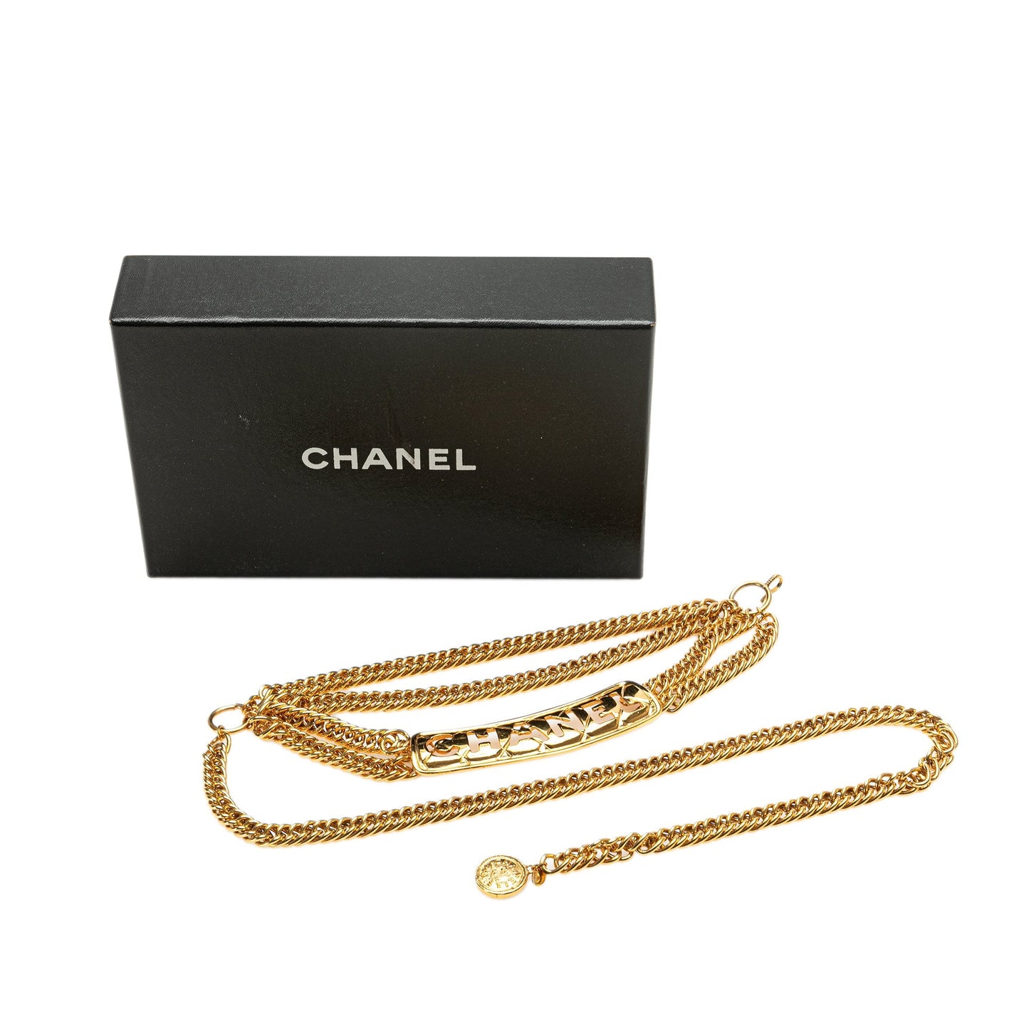 Gold Chanel Gold Plated Logo Plate Chain Belt
