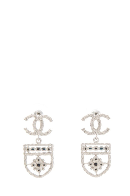Chanel Silver Shield Detail Dangle CC Logo Earrings