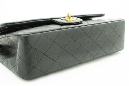 CHANEL Classic Double Flap 10" Chain Shoulder Bag Black Lambskin k62