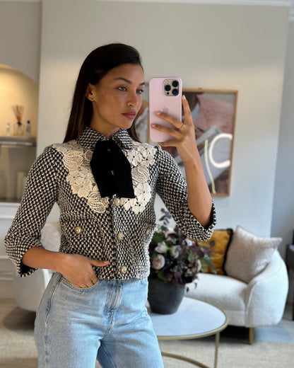 Gucci Black and White Tweed Jacket with Lace Detail and GG Buttons Size IT 36 (UK 4)