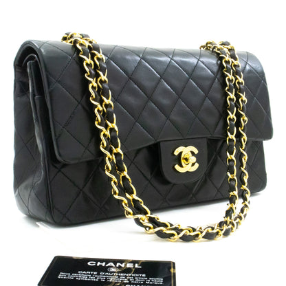 CHANEL Classic Double Flap 10" Chain Shoulder Bag Black Lambskin k60