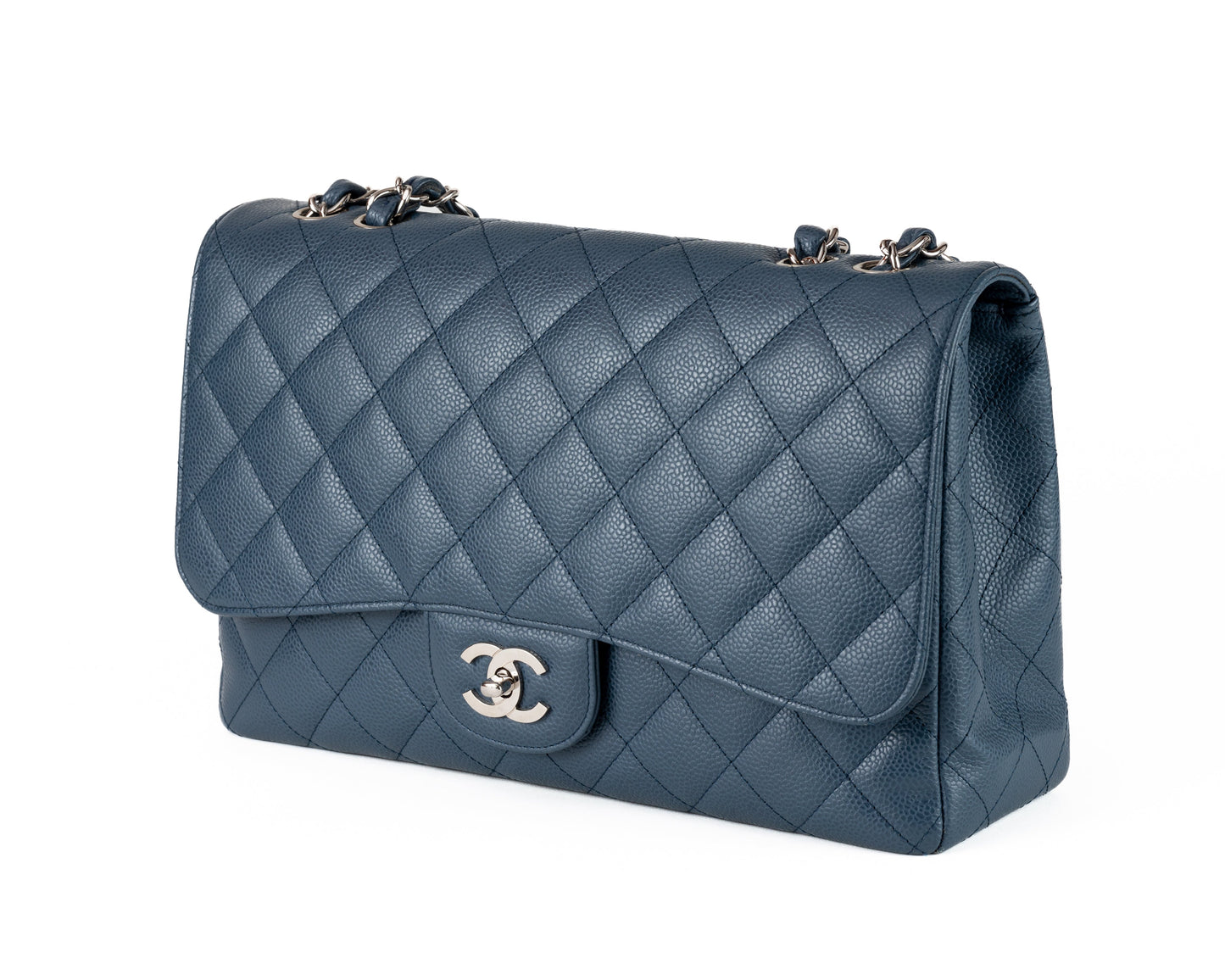 Chanel Navy Blue Caviar Jumbo Classic w/ Silver Hardware
