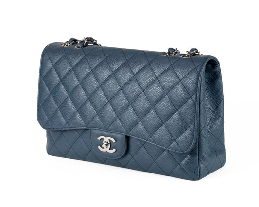 Chanel Navy Blue Caviar Jumbo Classic w/ Silver Hardware