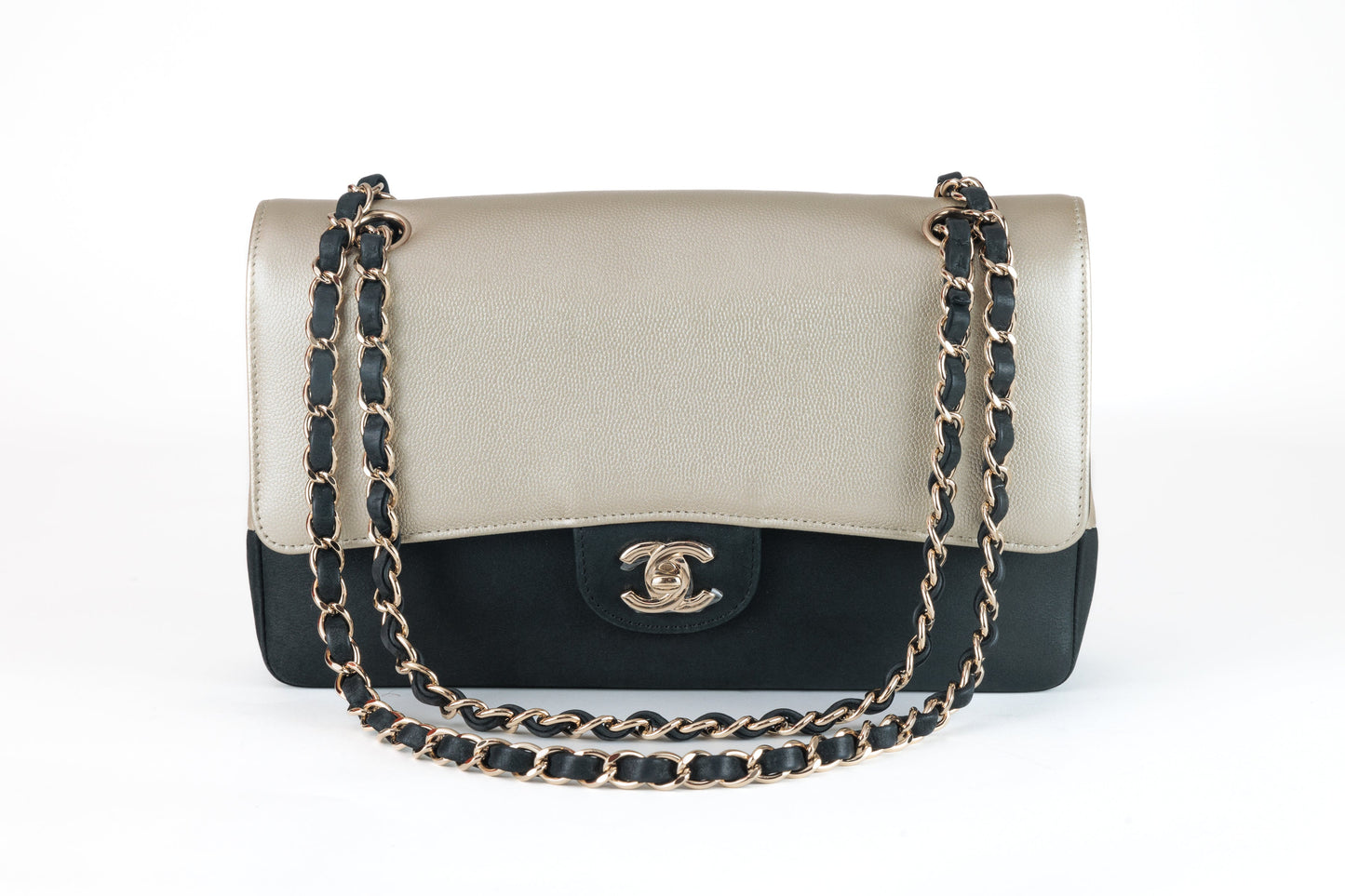 Chanel Black and Gold Bi Color Caviar Medium Classic with Gold Hardware