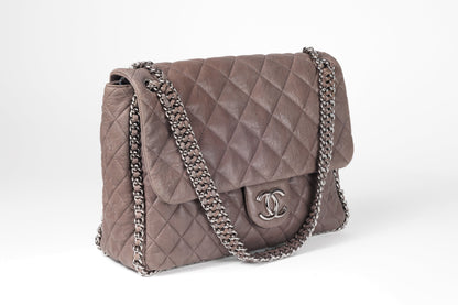 Chanel Taupe Gray Washed Lambskin Chain Around Luxe Flap Bag with Silver Hardware