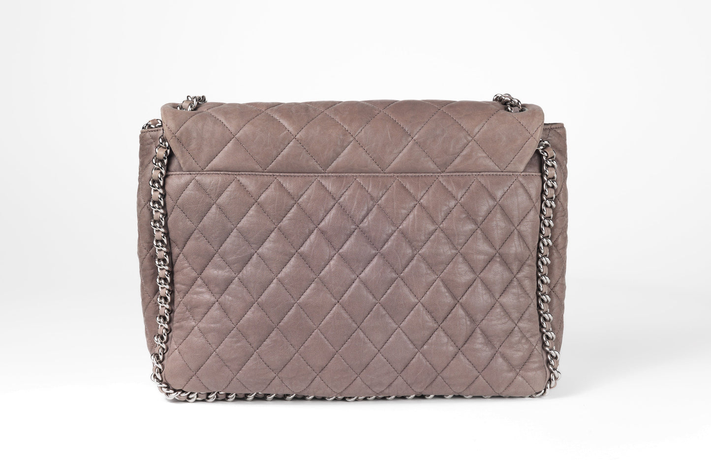 Chanel Taupe Gray Washed Lambskin Chain Around Luxe Flap Bag with Silver Hardware