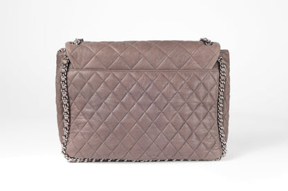 Chanel Taupe Gray Washed Lambskin Chain Around Luxe Flap Bag with Silver Hardware