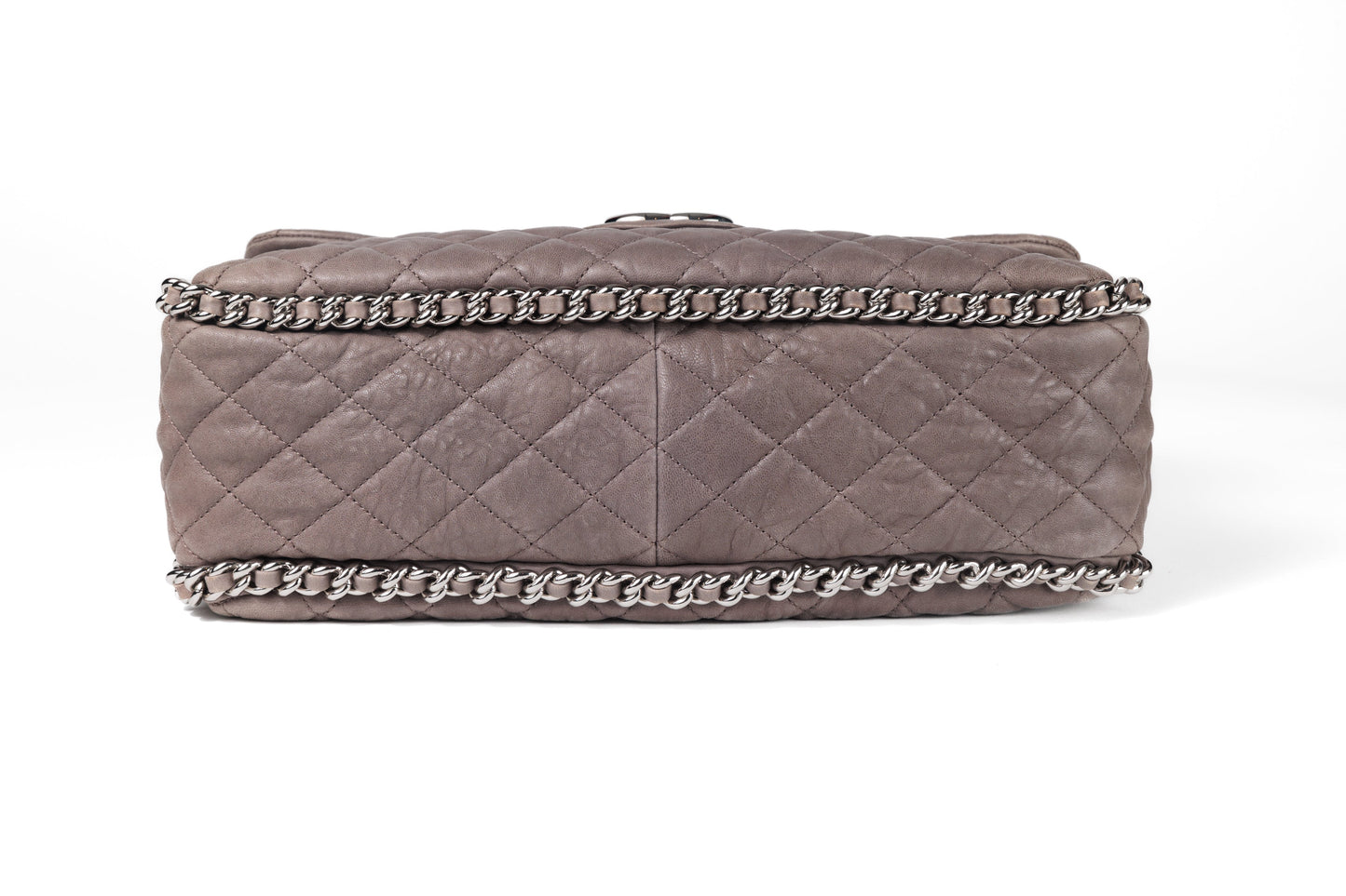 Chanel Taupe Gray Washed Lambskin Chain Around Luxe Flap Bag with Silver Hardware