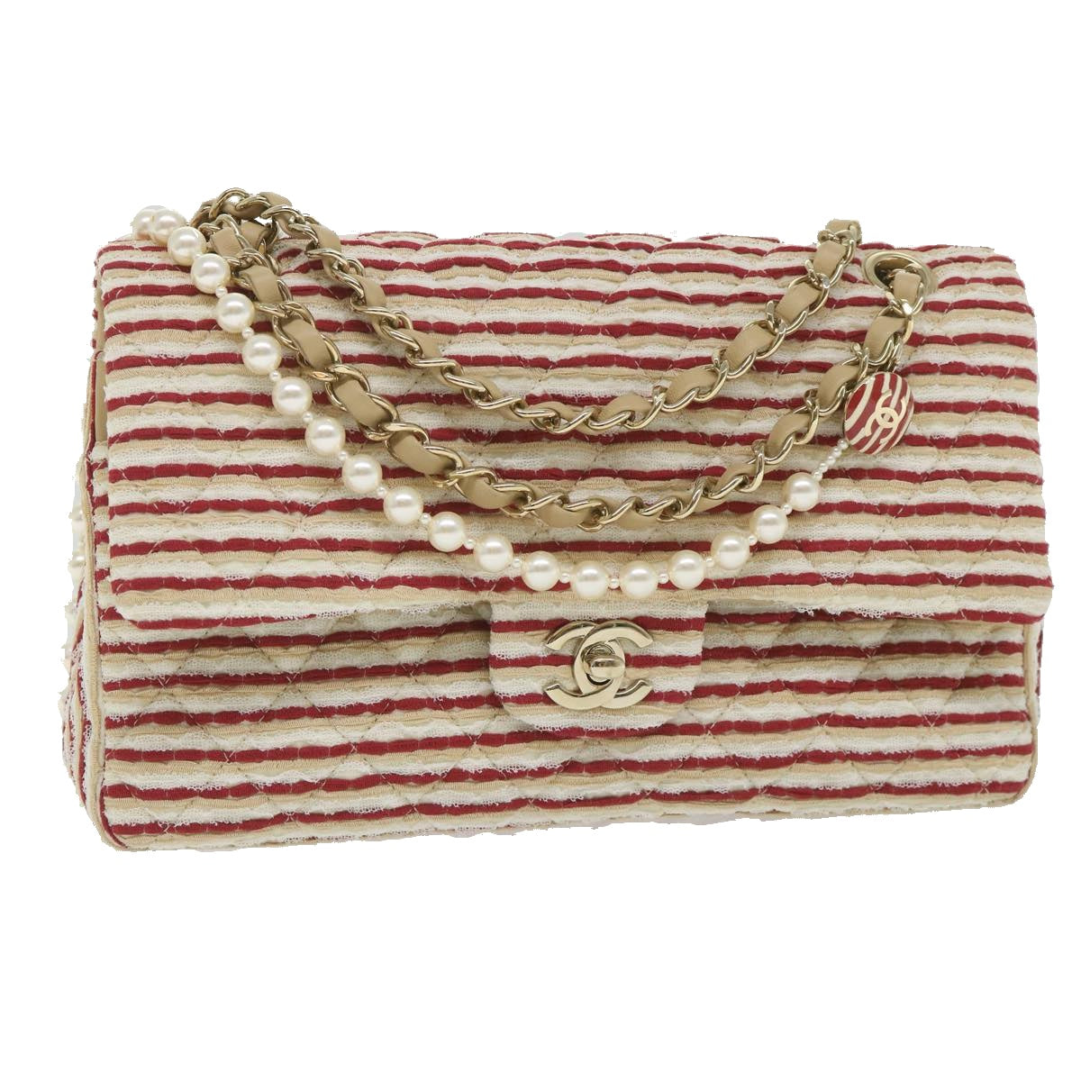 CHANEL Quilted Matelasse Chain Shoulder Bag Canvas Red Beige CC 58343S