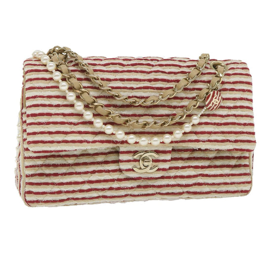 CHANEL Quilted Matelasse Chain Shoulder Bag Canvas Red Beige CC 58343S