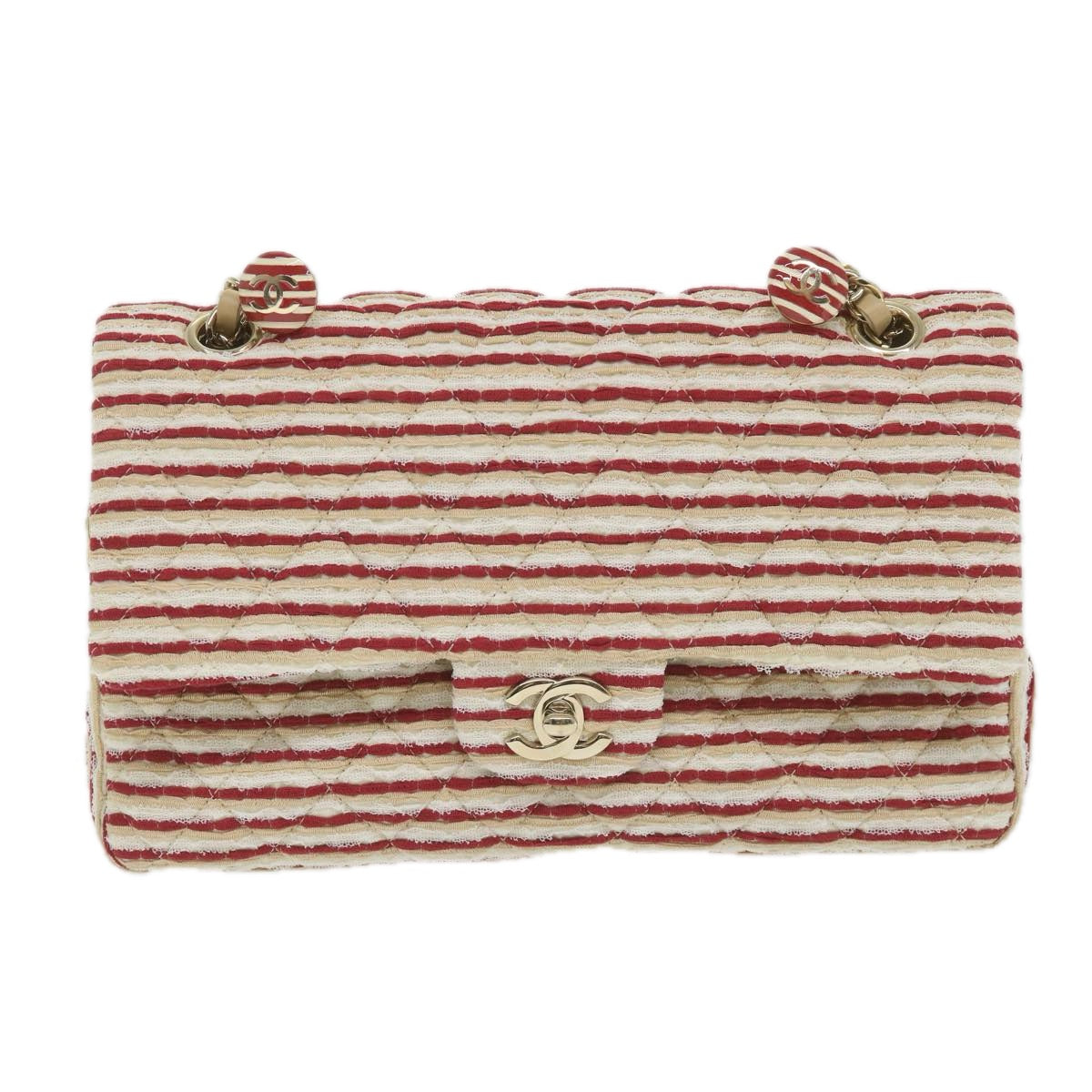 CHANEL Quilted Matelasse Chain Shoulder Bag Canvas Red Beige CC 58343S