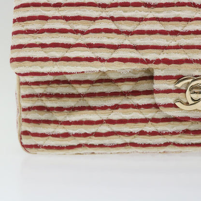 CHANEL Quilted Matelasse Chain Shoulder Bag Canvas Red Beige CC 58343S