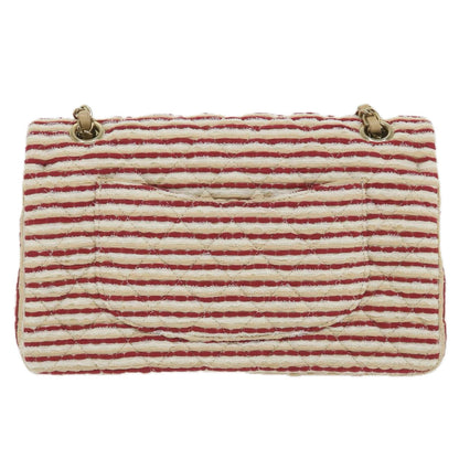 CHANEL Quilted Matelasse Chain Shoulder Bag Canvas Red Beige CC 58343S