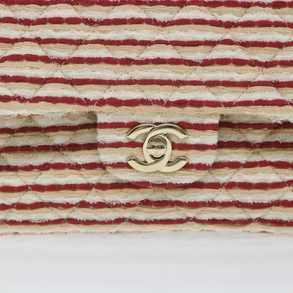 CHANEL Quilted Matelasse Chain Shoulder Bag Canvas Red Beige CC 58343S