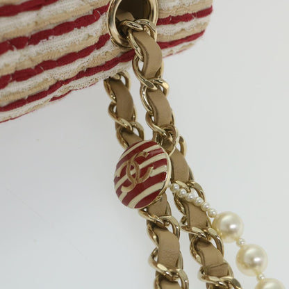 CHANEL Quilted Matelasse Chain Shoulder Bag Canvas Red Beige CC 58343S