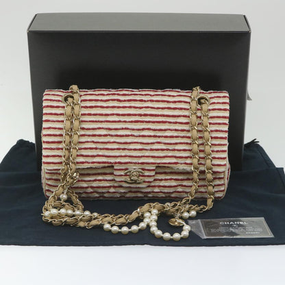 CHANEL Quilted Matelasse Chain Shoulder Bag Canvas Red Beige CC 58343S