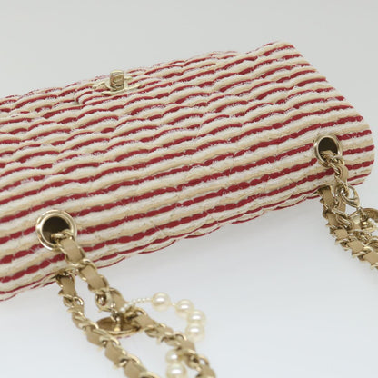 CHANEL Quilted Matelasse Chain Shoulder Bag Canvas Red Beige CC 58343S