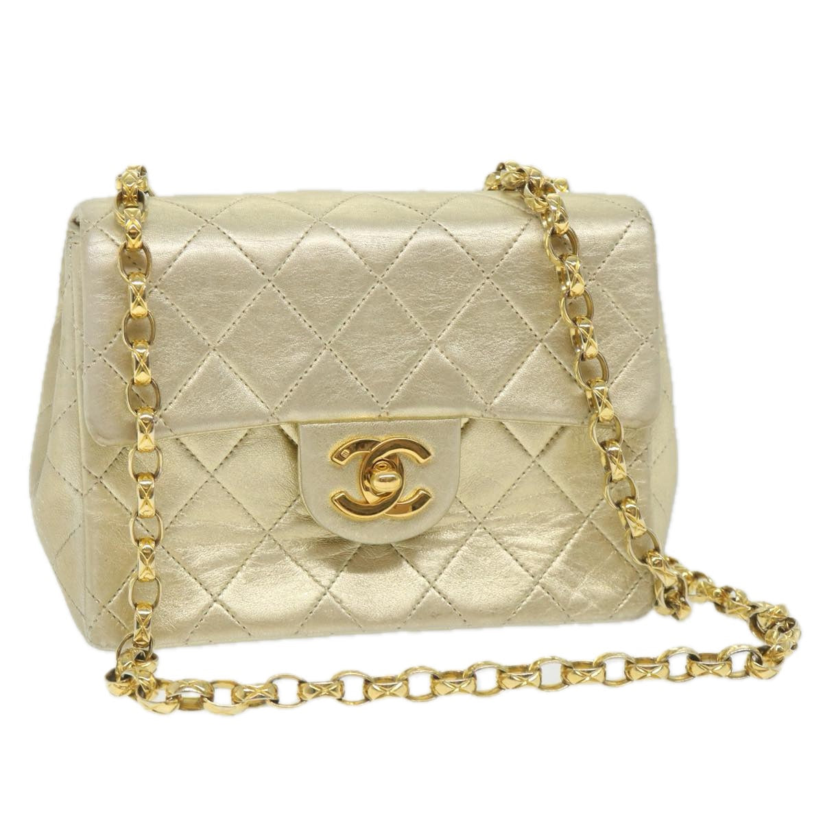 CHANEL Matelasse Chain Shoulder Bag Lamb Skin Gold CC 58346SA