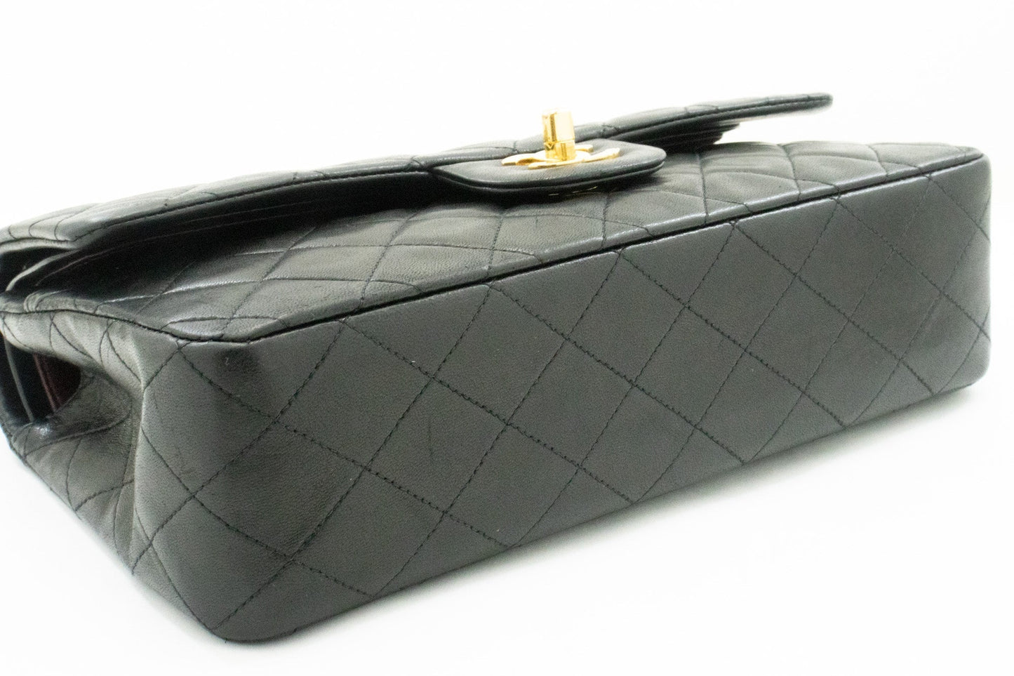 CHANEL Classic Double Flap 10" Chain Shoulder Bag Black Lambskin k49