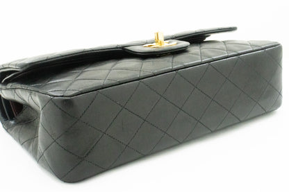 CHANEL Classic Double Flap 10" Chain Shoulder Bag Black Lambskin k49