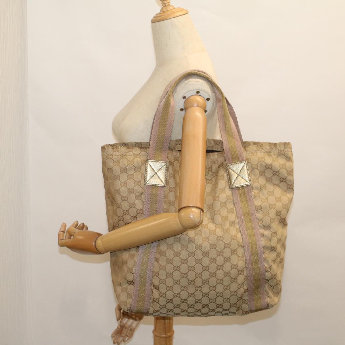 GUCCI GG Canvas Sherry Line Tote Bag Beige Gold pink 189669  59074