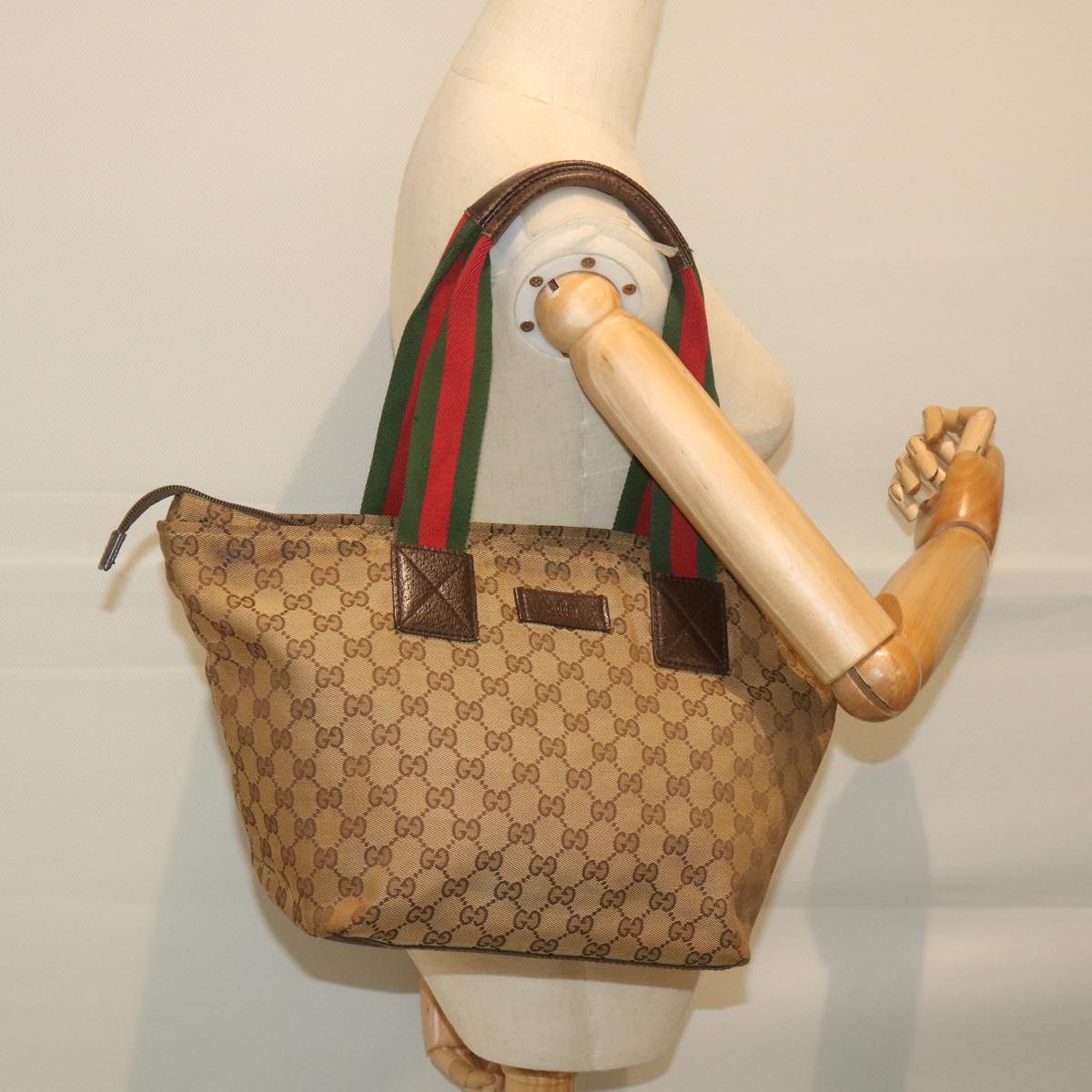 GUCCI GG Canvas Web Sherry Line Tote Bag Beige Red Green 131230  59707
