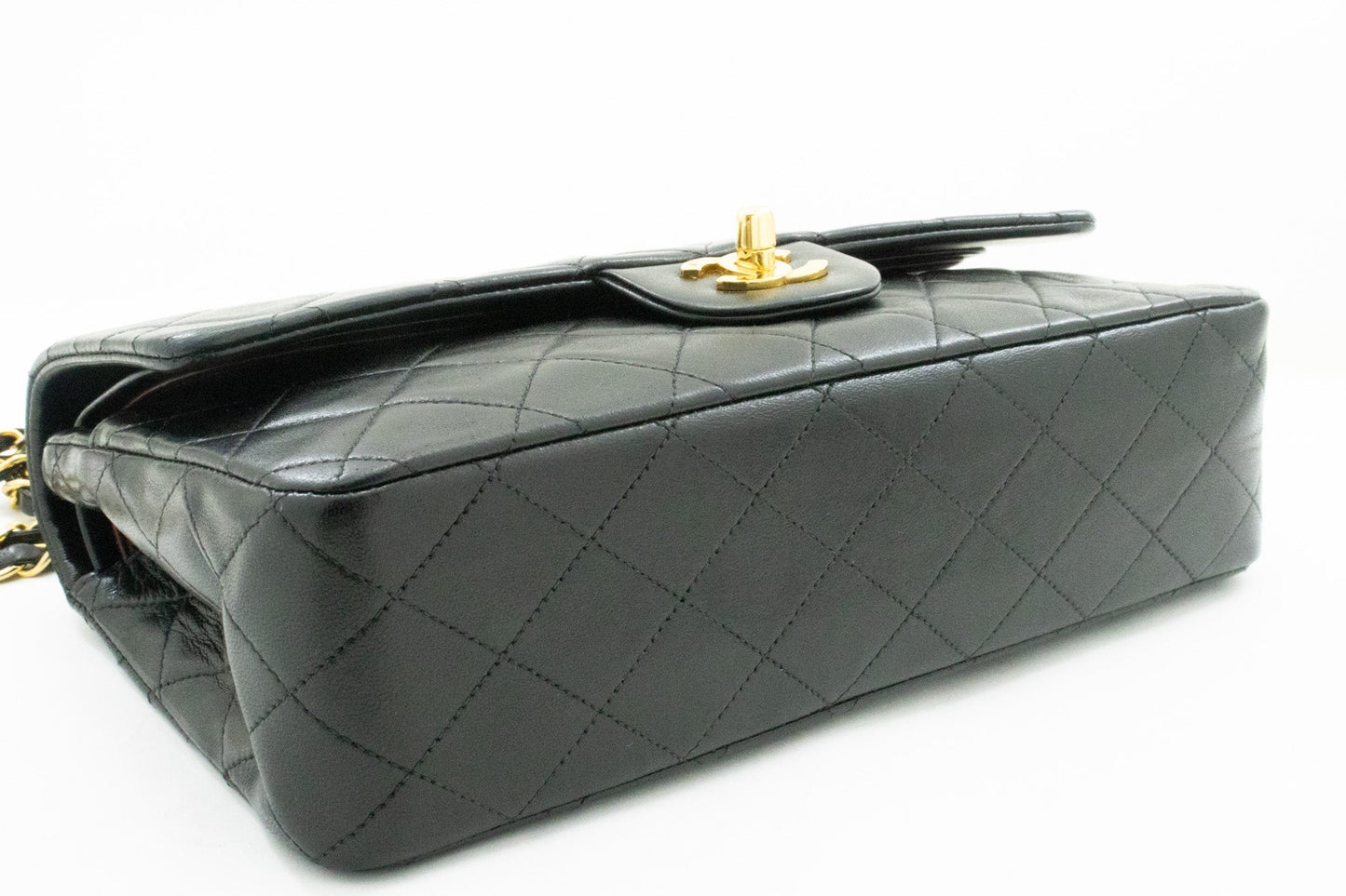 CHANEL Classic Double Flap 10" Chain Shoulder Bag Black Lambskin k63