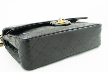 CHANEL Classic Double Flap 10" Chain Shoulder Bag Black Lambskin k63