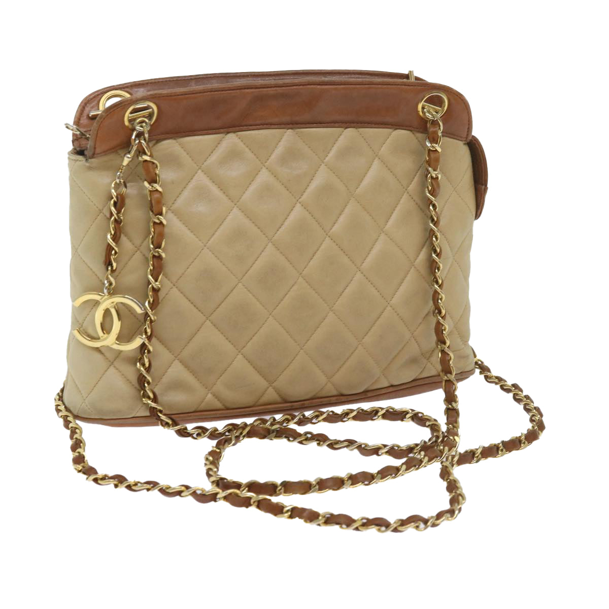 CHANEL Matelasse Chain Shoulder Bag Lamb Skin Beige CC 59907A