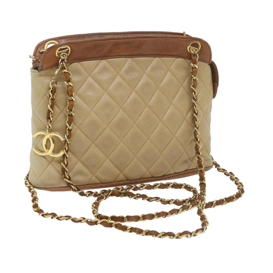 CHANEL Matelasse Chain Shoulder Bag Lamb Skin Beige CC 59907A