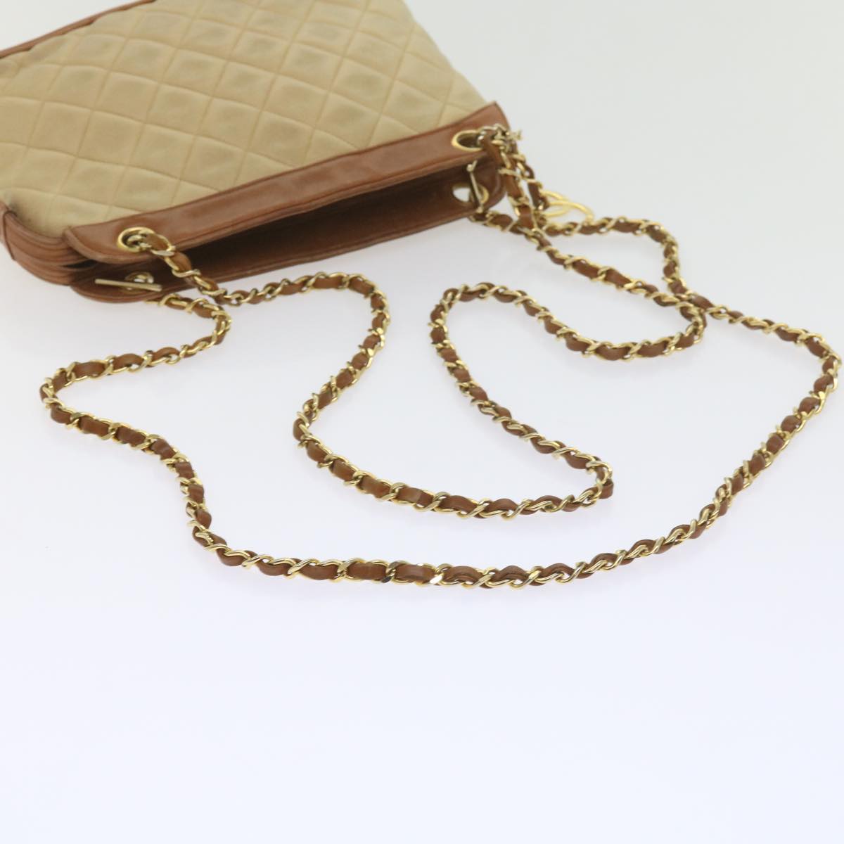 CHANEL Matelasse Chain Shoulder Bag Lamb Skin Beige CC 59907A