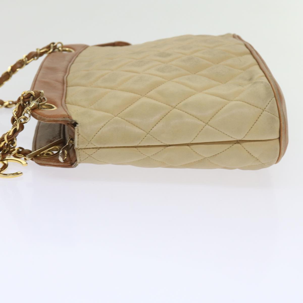 CHANEL Matelasse Chain Shoulder Bag Lamb Skin Beige CC 59907A