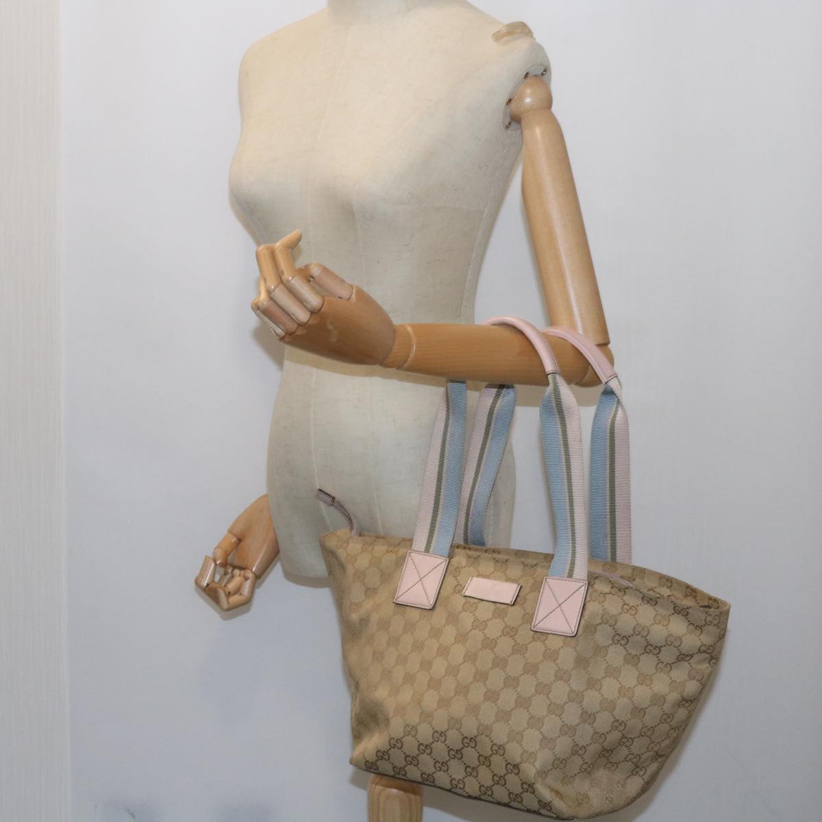 GUCCI GG Canvas Sherry Line Tote Bag Beige Light Blue Green 131230  59964