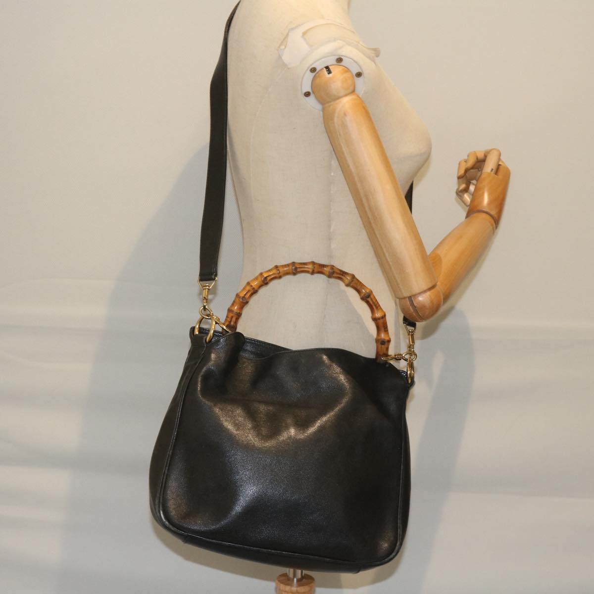 GUCCI Bamboo Shoulder Bag Leather Black 001 1705 1638  59973